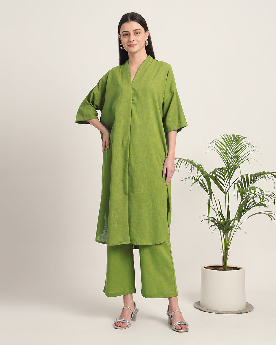 Sage Green Serene Sojourn V Neck Solid Co-ord Set