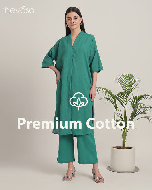 Green Gleam Serene Sojourn V Neck Solid Co-ord Set