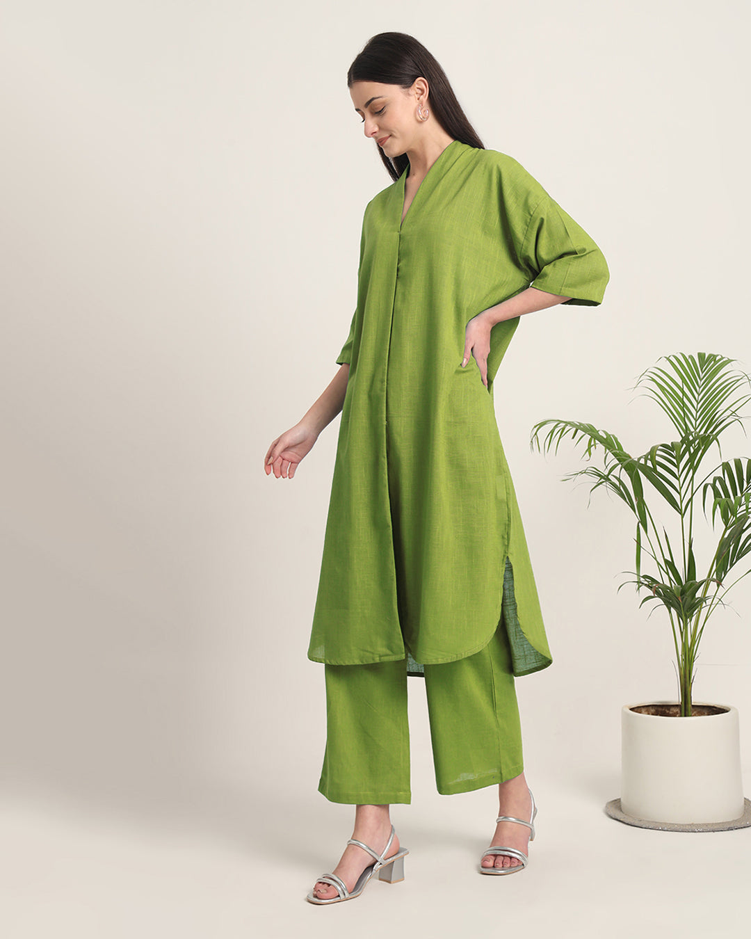 Sage Green Serene Sojourn V Neck Solid Co-ord Set