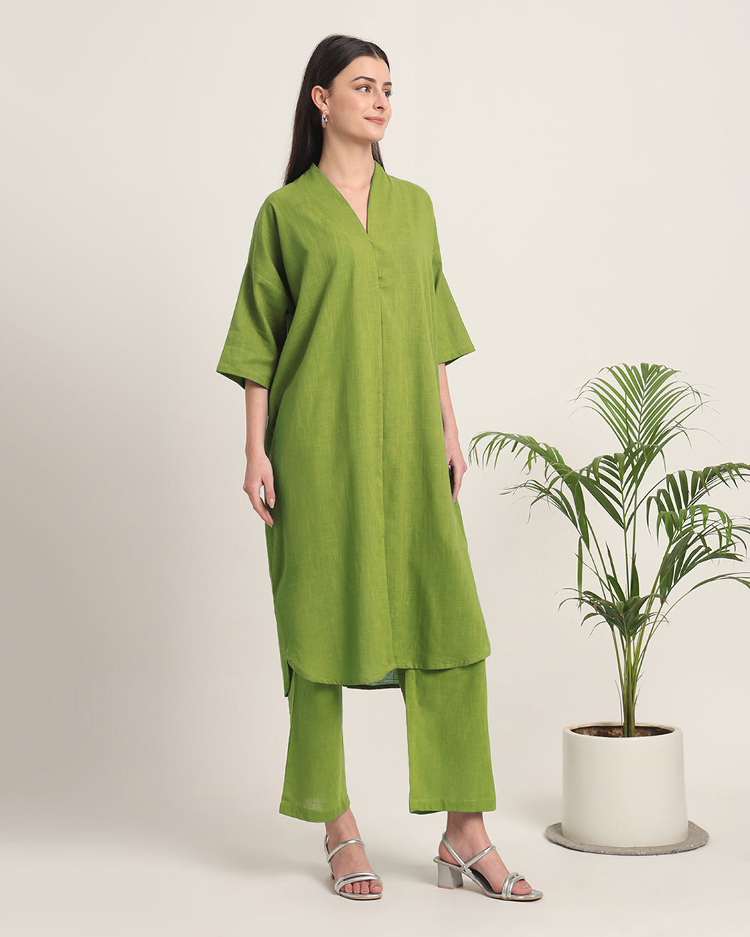 Sage Green Serene Sojourn V Neck Solid Co-ord Set