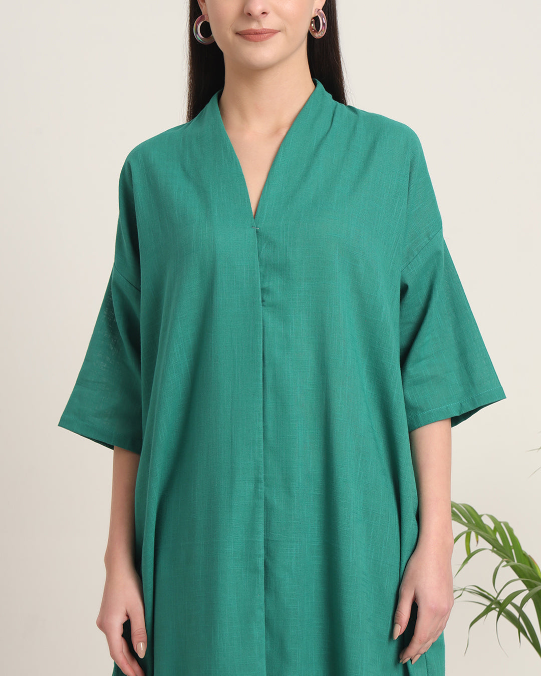 Green Gleam Serene Sojourn V Neck Solid Co-ord Set