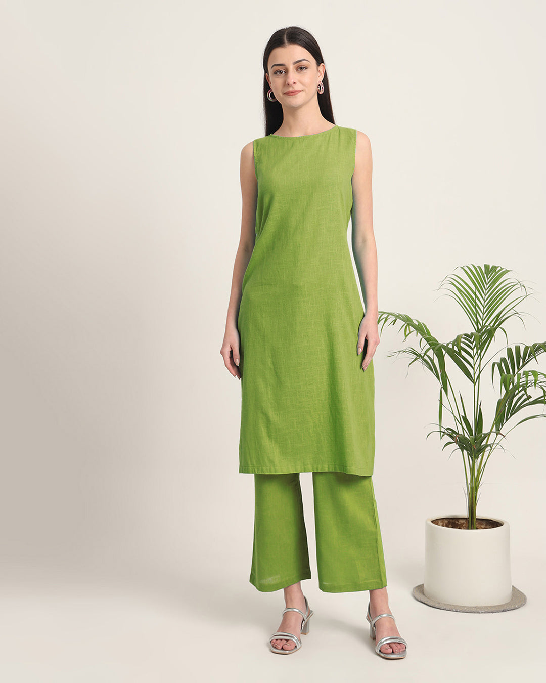 Sage Green Sleeveless Long Length Solid Co-ord Set