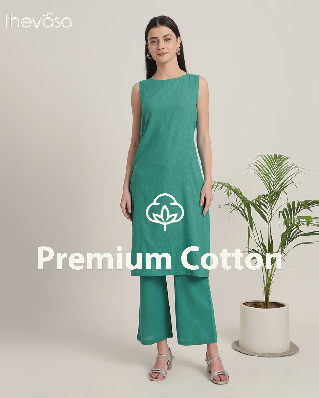 Green Gleam Sleeveless Long Length Solid Co-ord Set