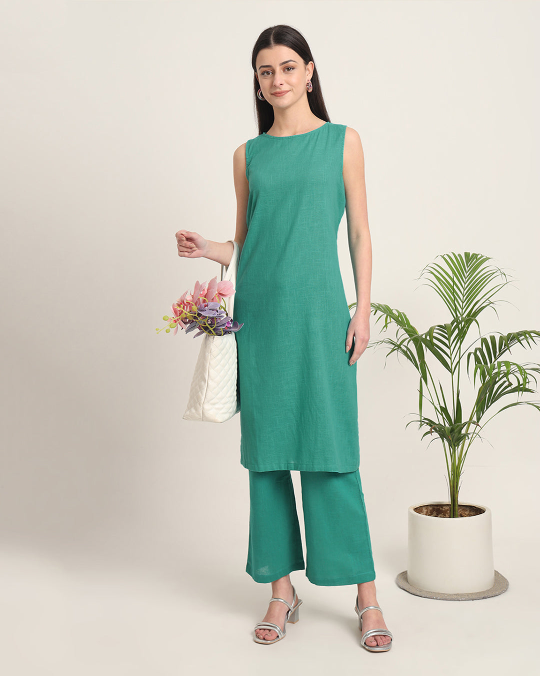 Green Gleam Sleeveless Long Length Solid Co-ord Set