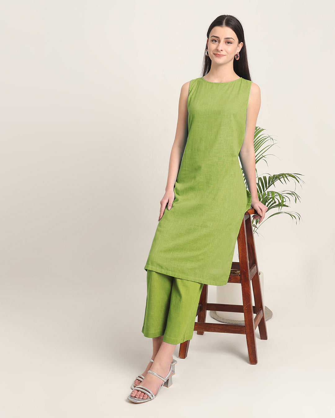 Sage Green Sleeveless Long Length Solid Co-ord Set