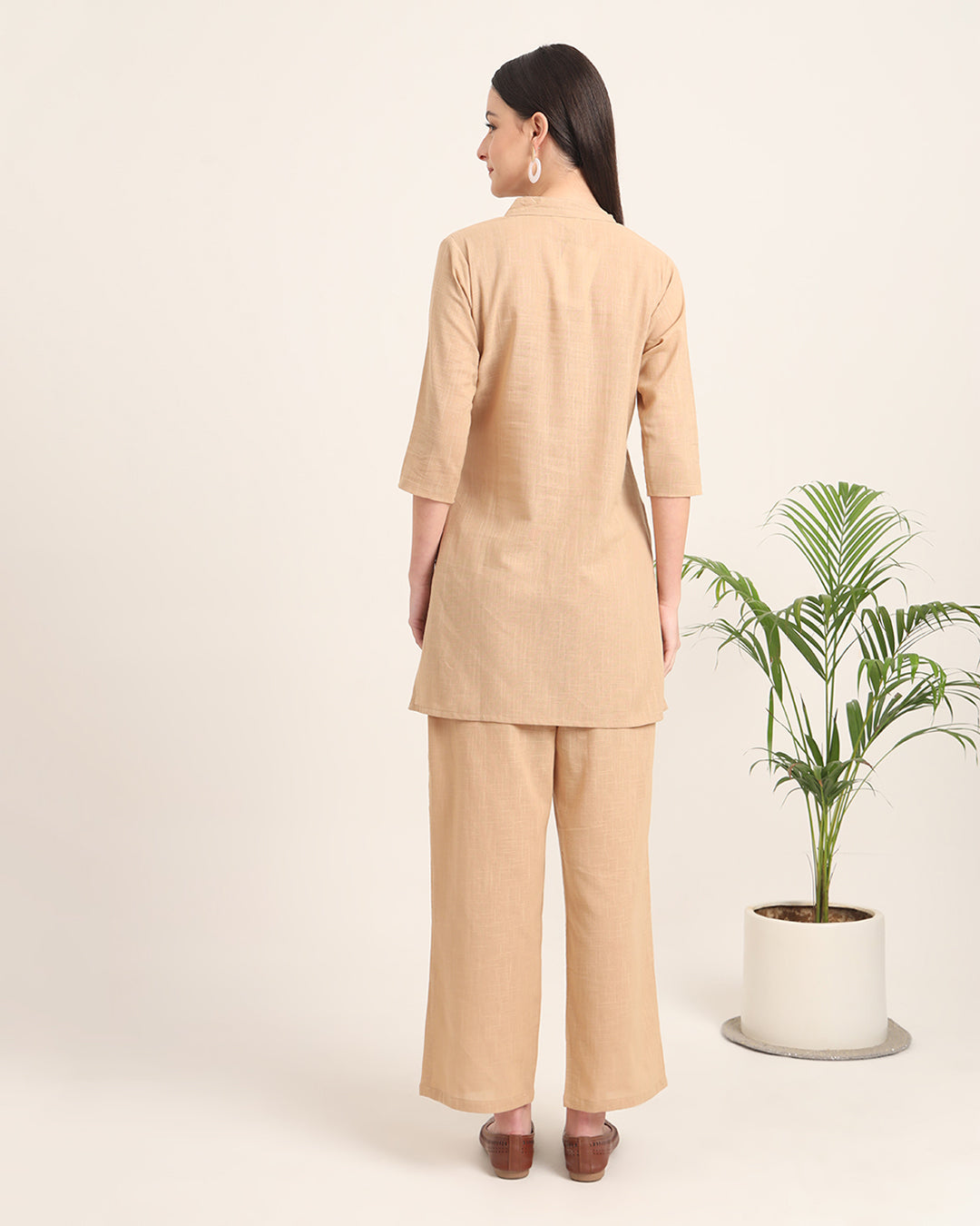 Beige Collar Neck Mid Length Solid Kurta (Without Bottoms)