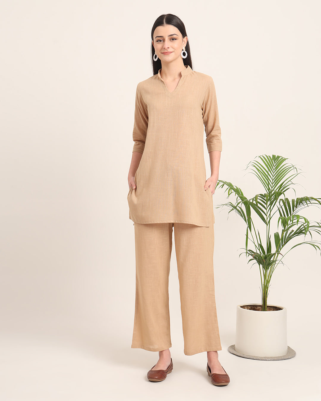 Beige Collar Neck Mid Length Solid Co-ord Set