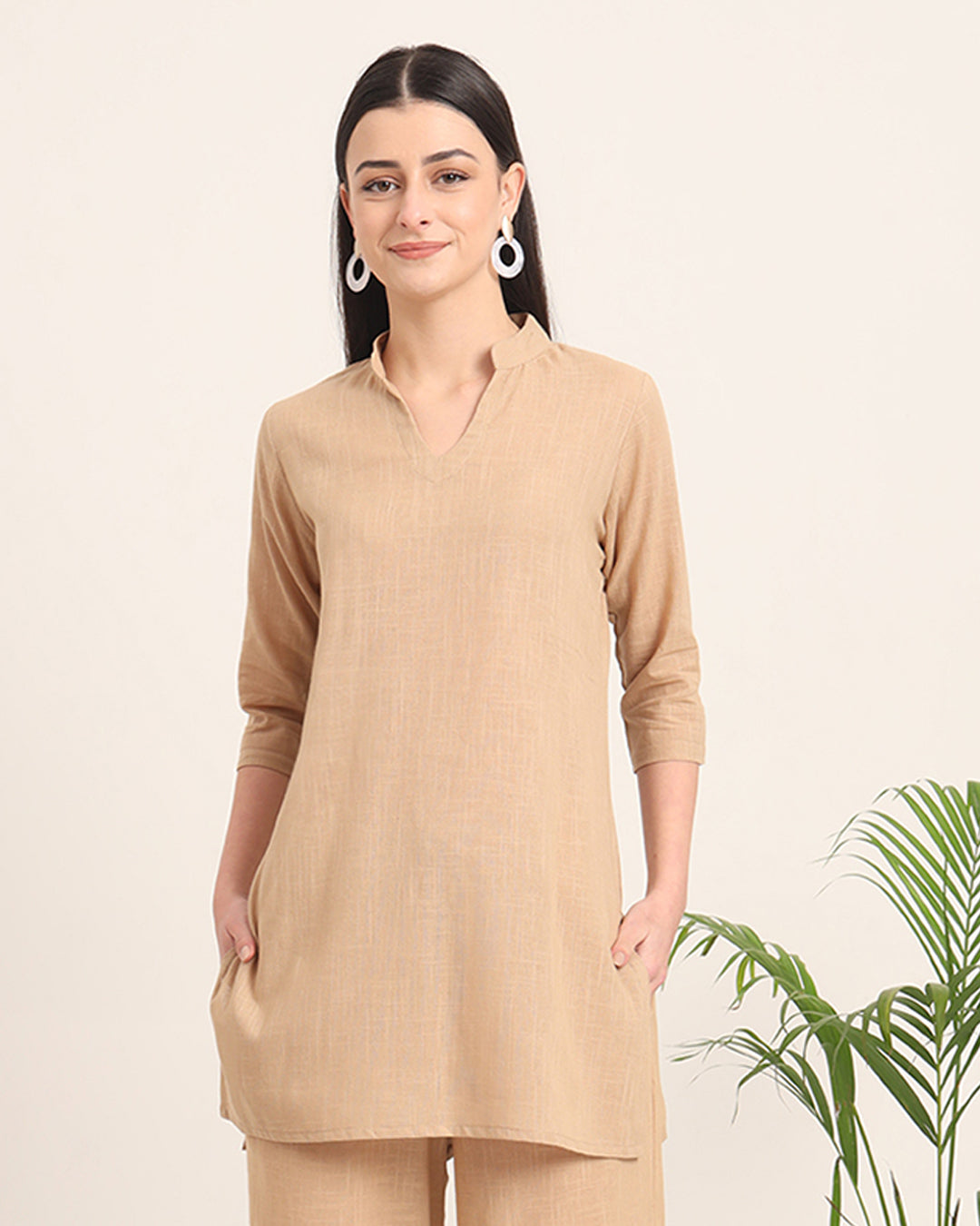 Beige Collar Neck Mid Length Solid Kurta (Without Bottoms)