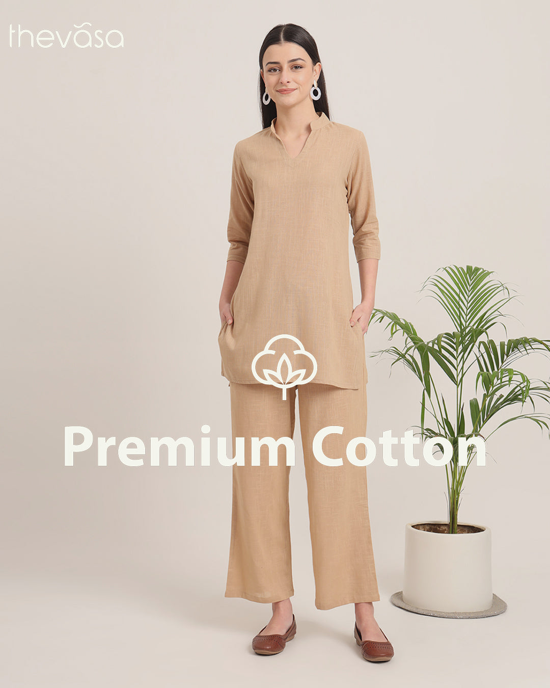 Beige Collar Neck Mid Length Solid Co-ord Set