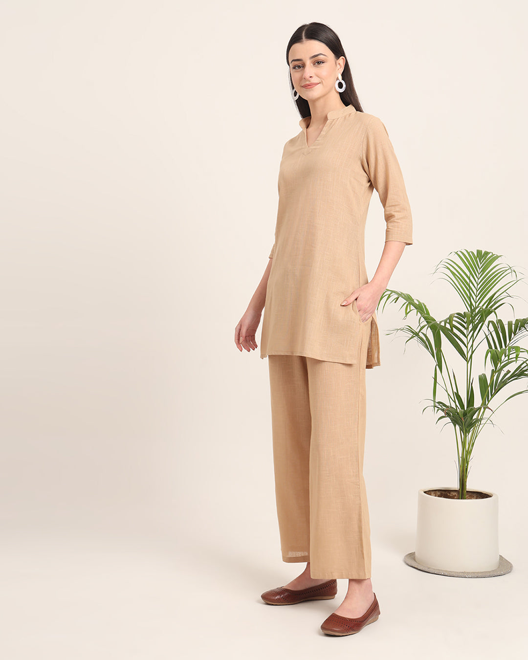 Beige Collar Neck Mid Length Solid Co-ord Set