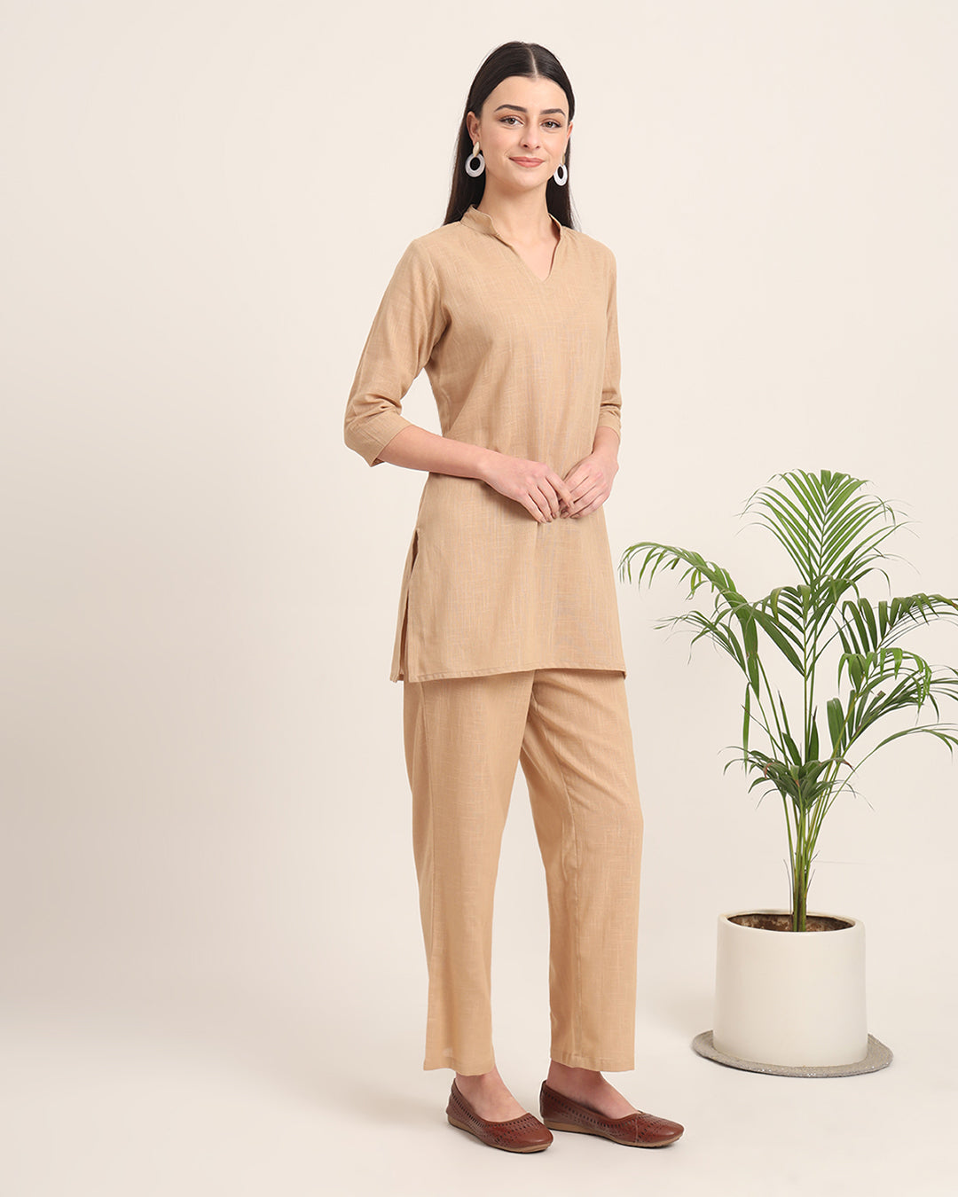 Beige Collar Neck Mid Length Solid Co-ord Set