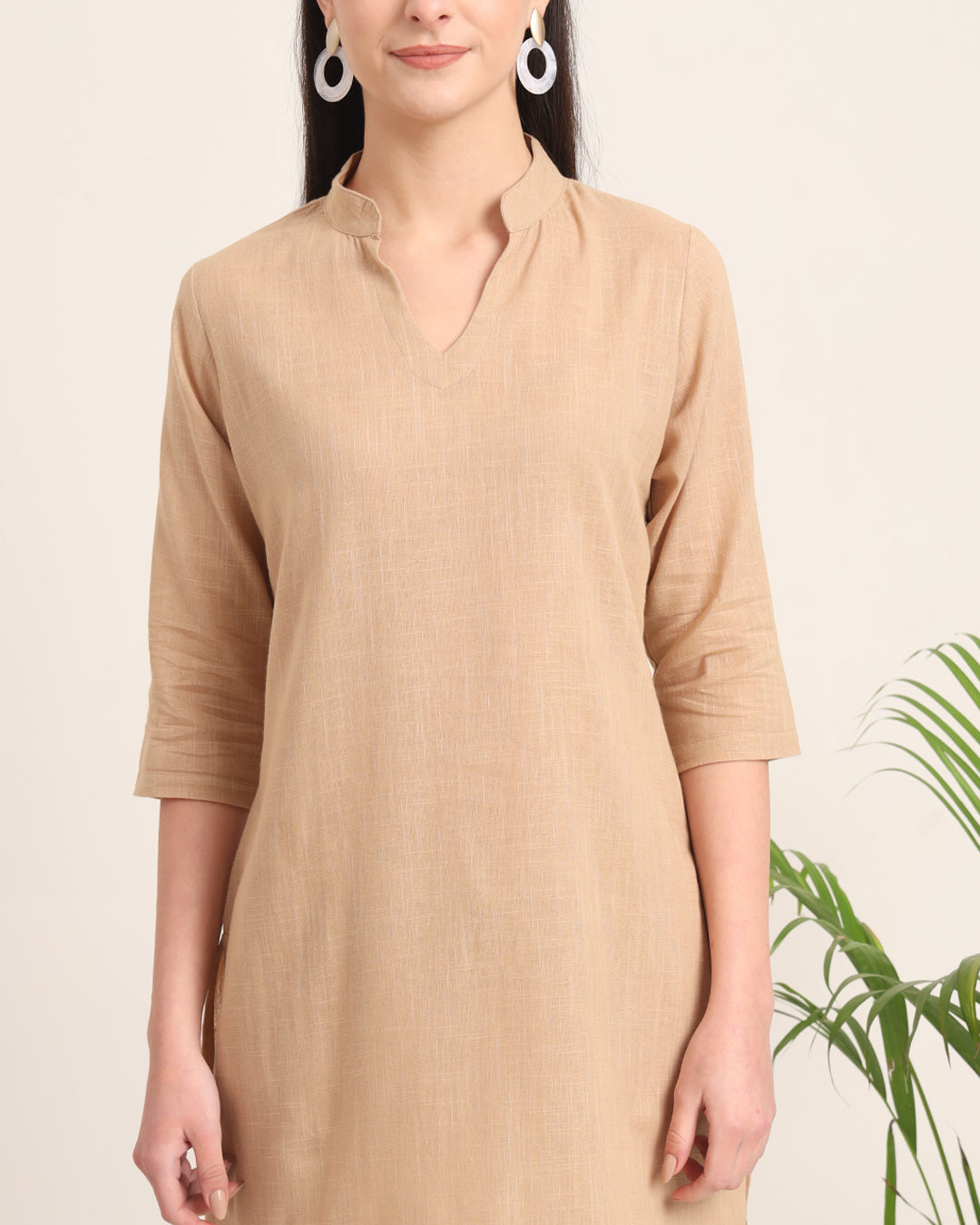 Beige Collar Neck Mid Length Solid Kurta (Without Bottoms)