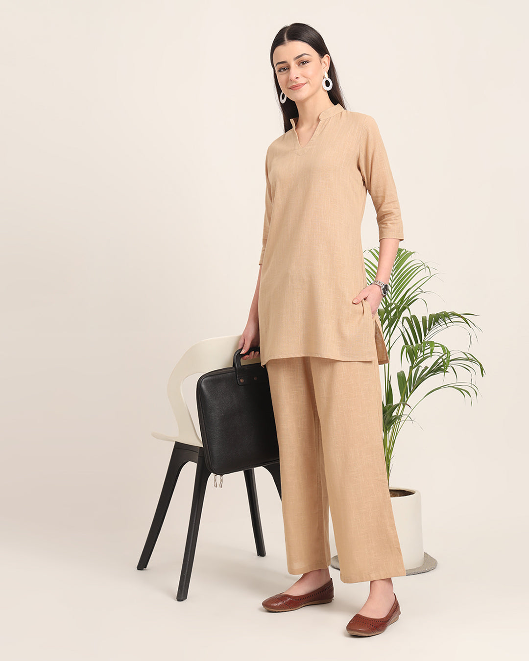 Beige Collar Neck Mid Length Solid Co-ord Set