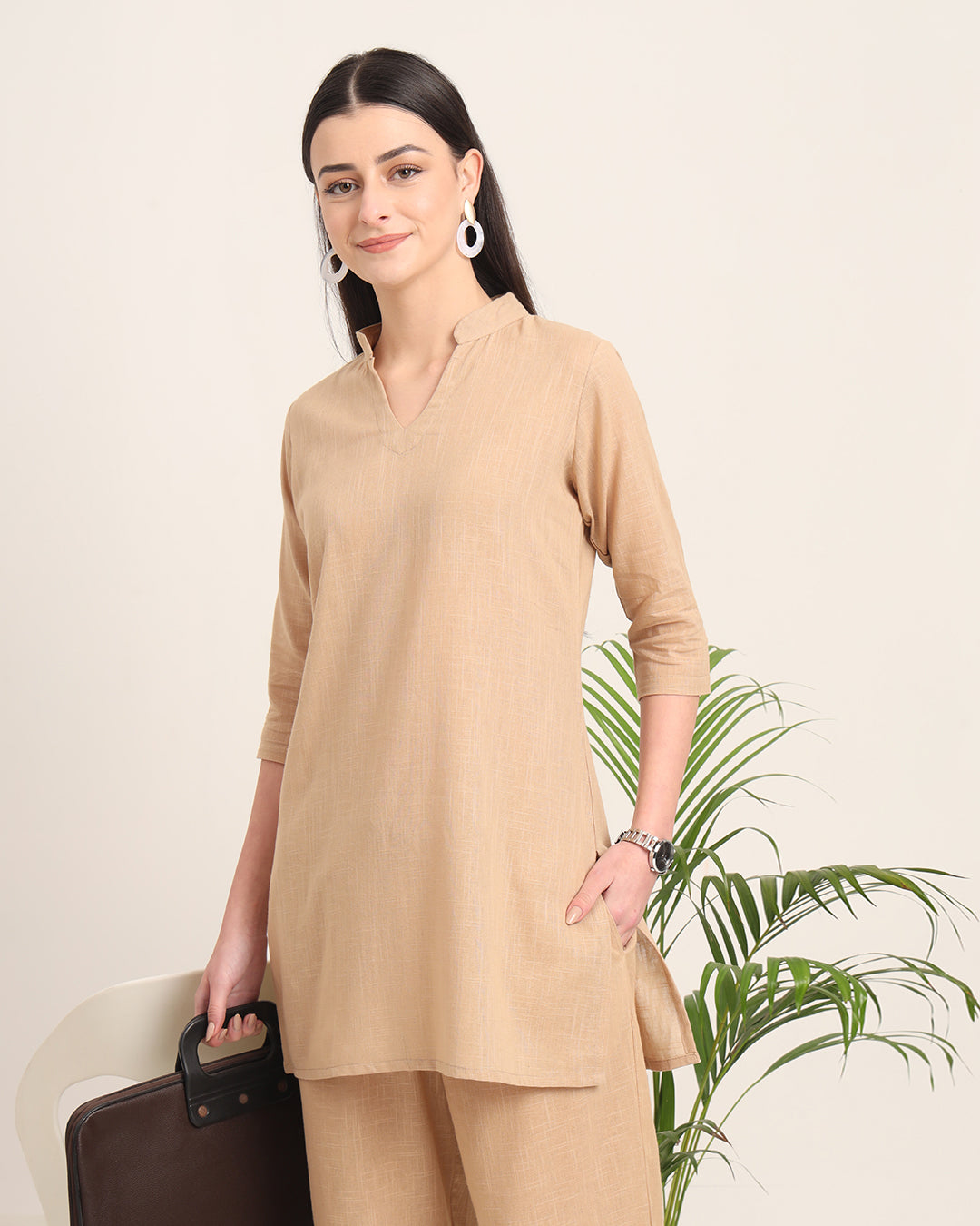 Beige Collar Neck Mid Length Solid Kurta (Without Bottoms)