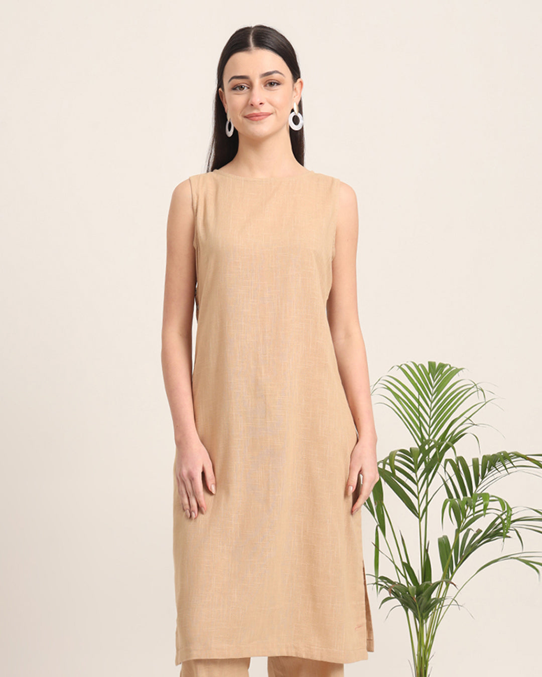 Beige Sleeveless Long Solid Kurta (Without Bottoms)