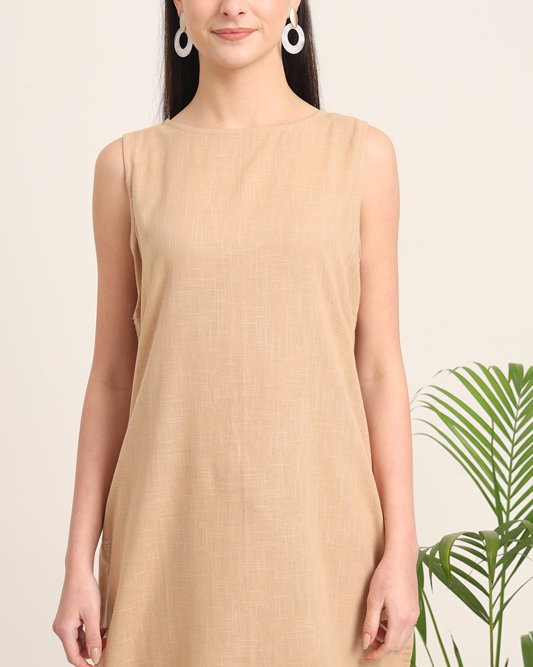 Beige Sleeveless Long Solid Kurta (Without Bottoms)