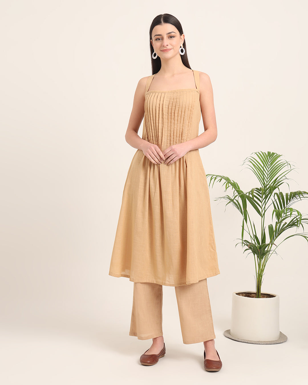 Beige Dreamy Flare Spaghetti Solid Co-ord Set