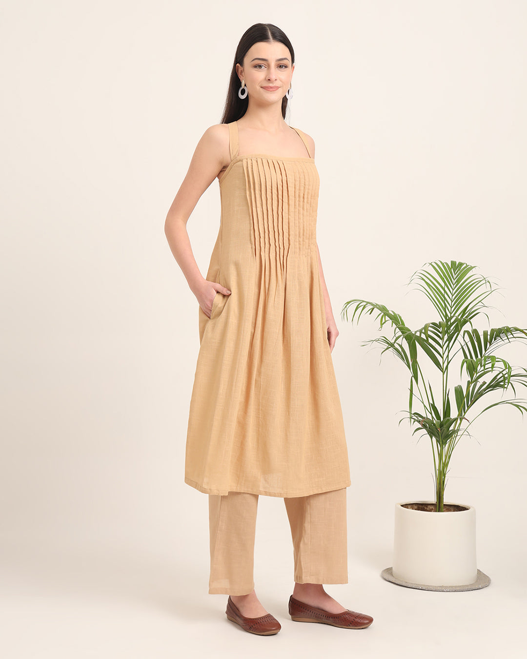 Beige Dreamy Flare Spaghetti Solid Co-ord Set