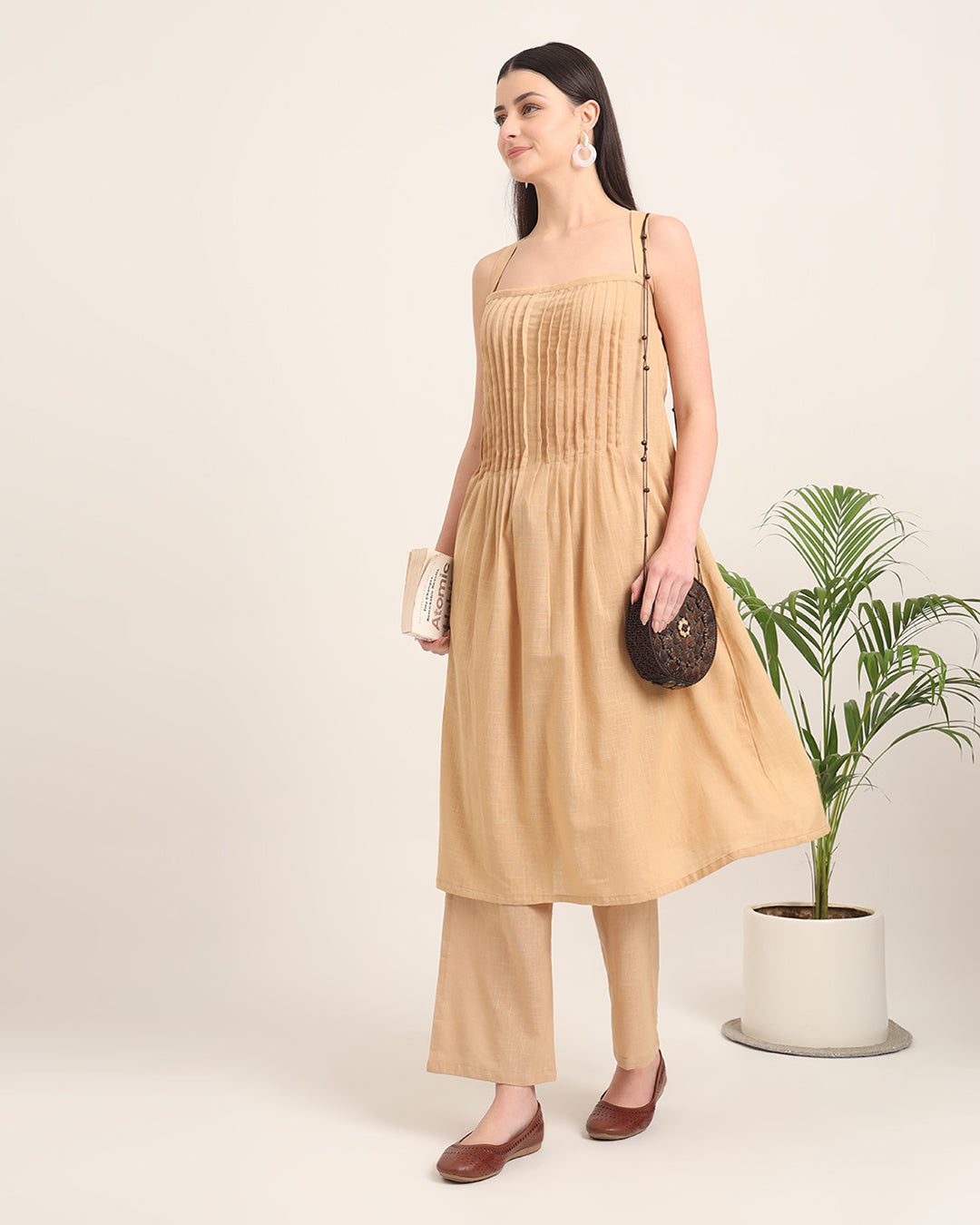 Beige Dreamy Flare Spaghetti Solid Co-ord Set