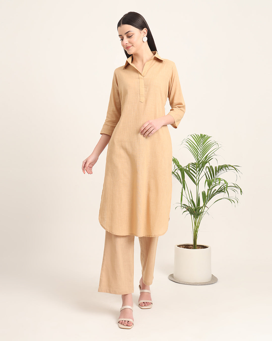 Beige Collar Comfort Solid Co-ord Set