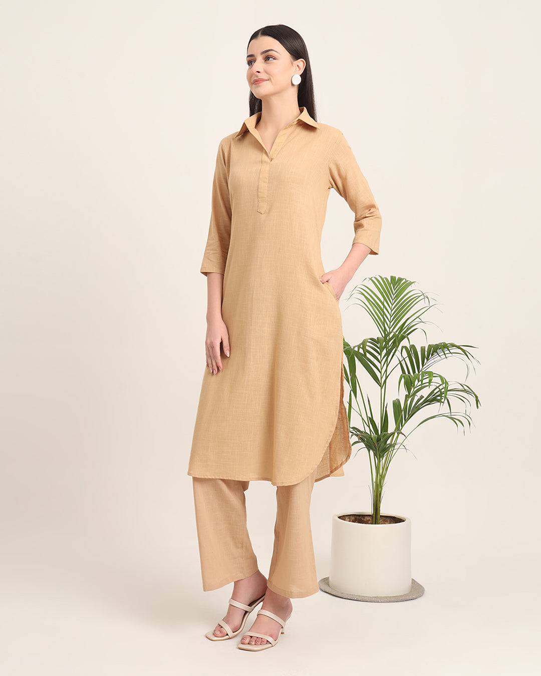 Beige Collar Comfort Solid Co-ord Set