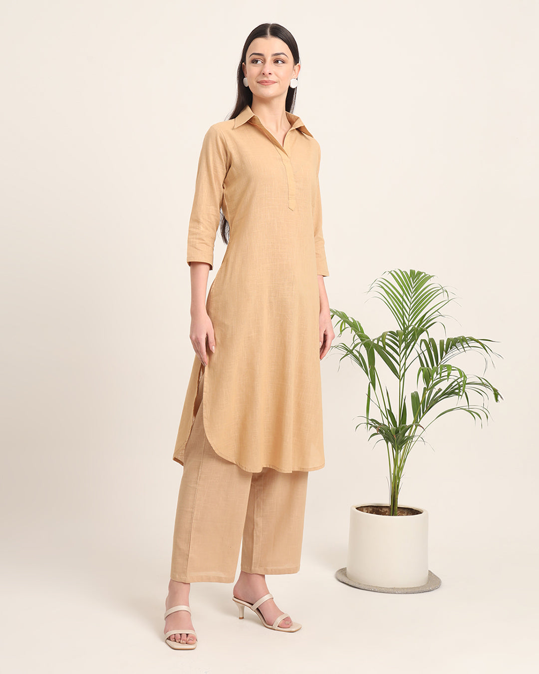 Beige Collar Comfort Solid Co-ord Set