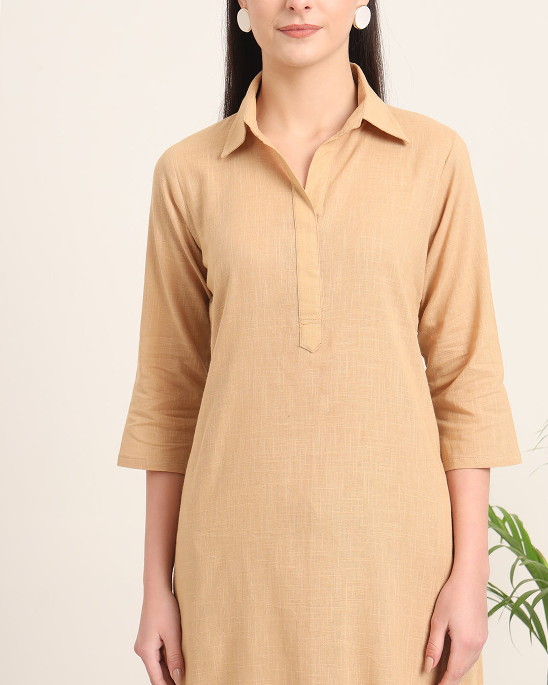 Beige Collar Comfort Solid Kurta (Without Bottoms)