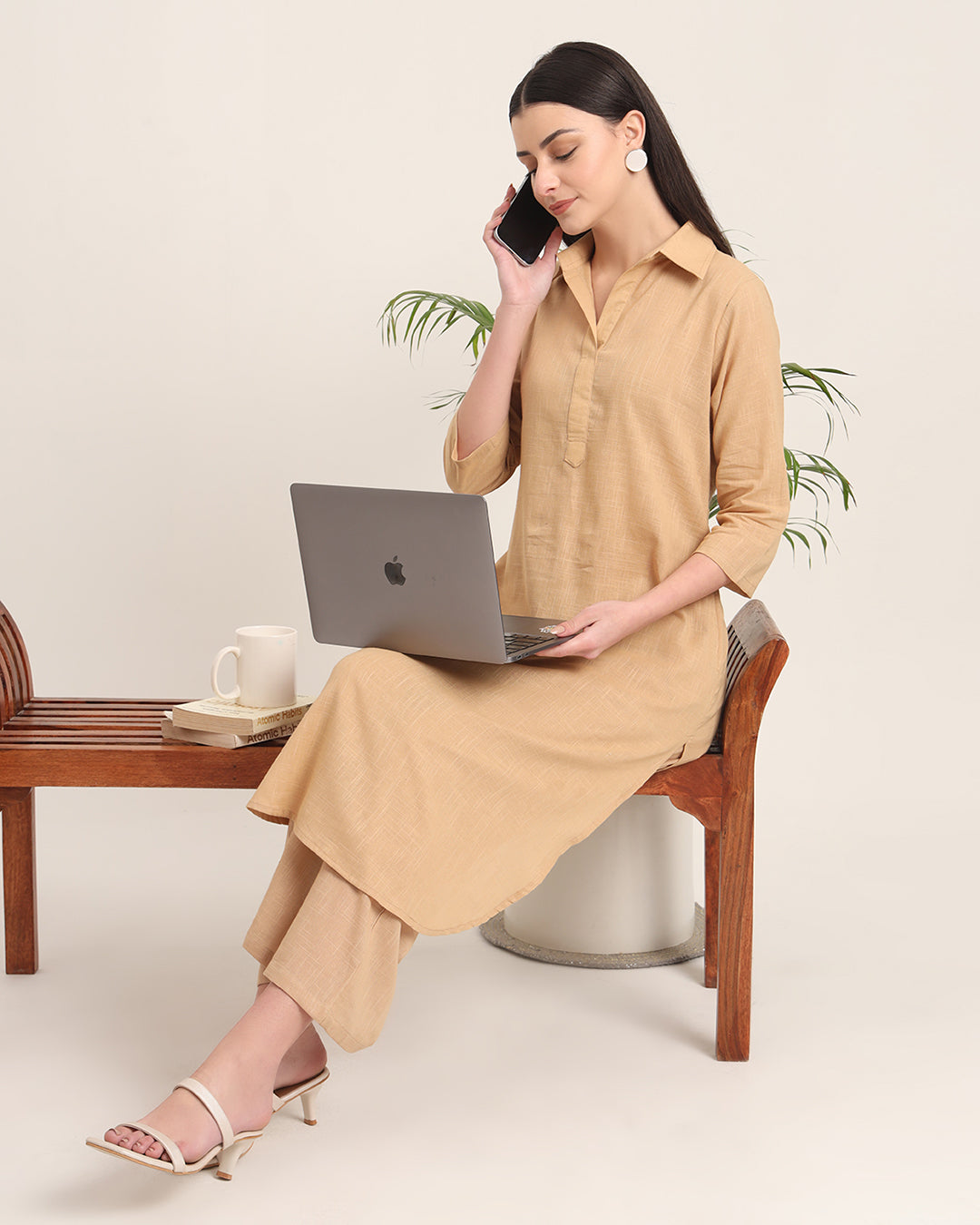 Beige Collar Comfort Solid Kurta (Without Bottoms)