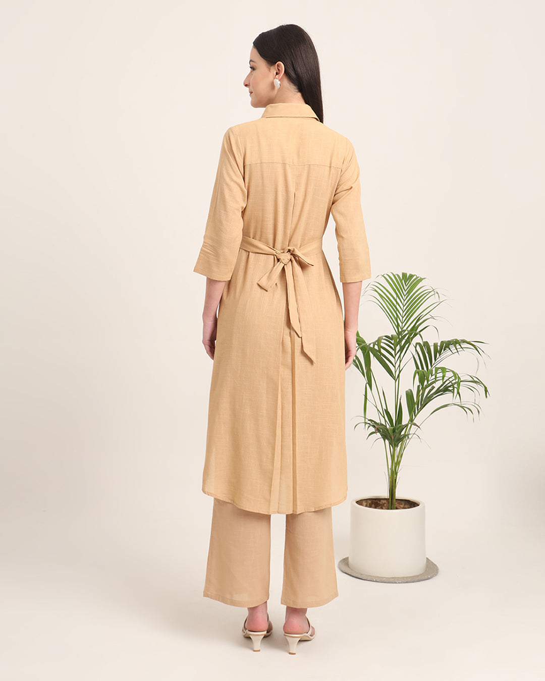 Beige Bellisimo Belted Solid Kurta (Without Bottoms)