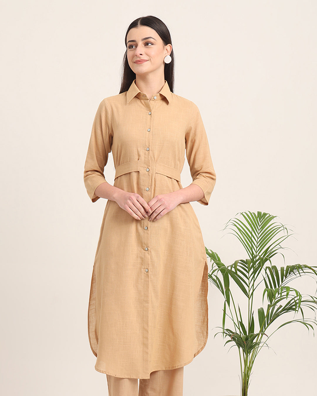 Beige Bellisimo Belted Solid Kurta (Without Bottoms)