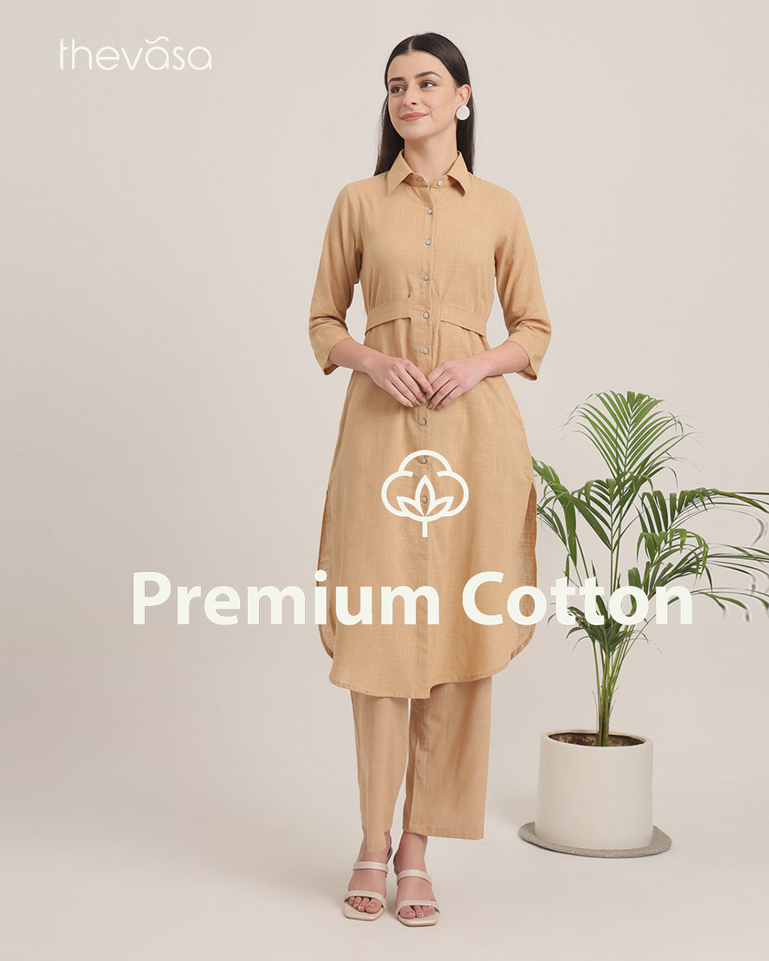 Beige Bellisimo Belted Solid Kurta (Without Bottoms)