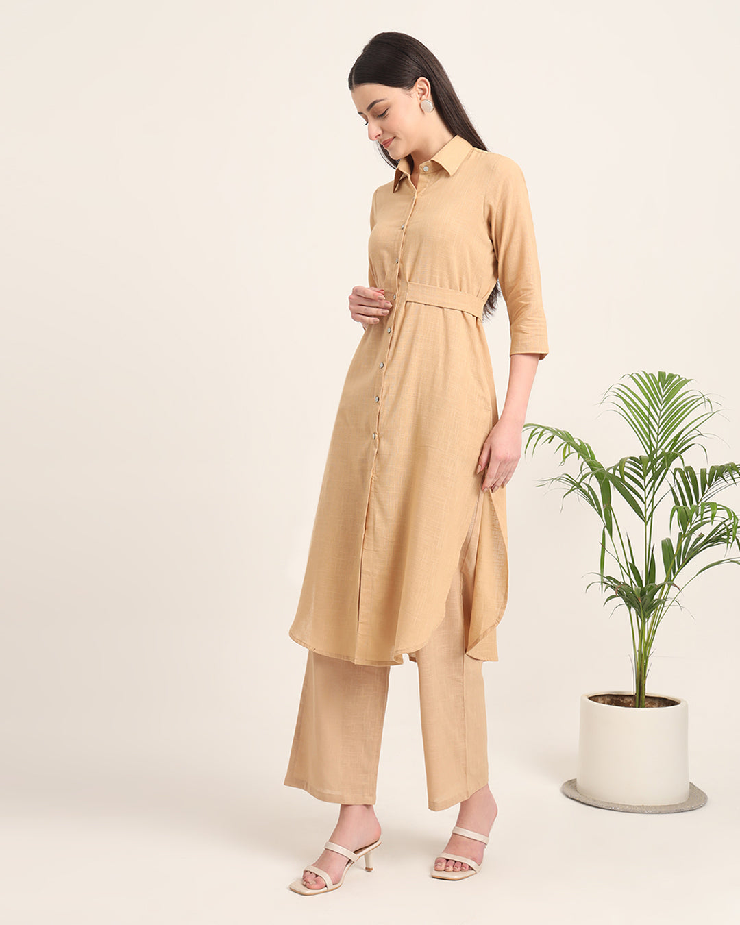 Beige Bellisimo Belted Solid Kurta (Without Bottoms)