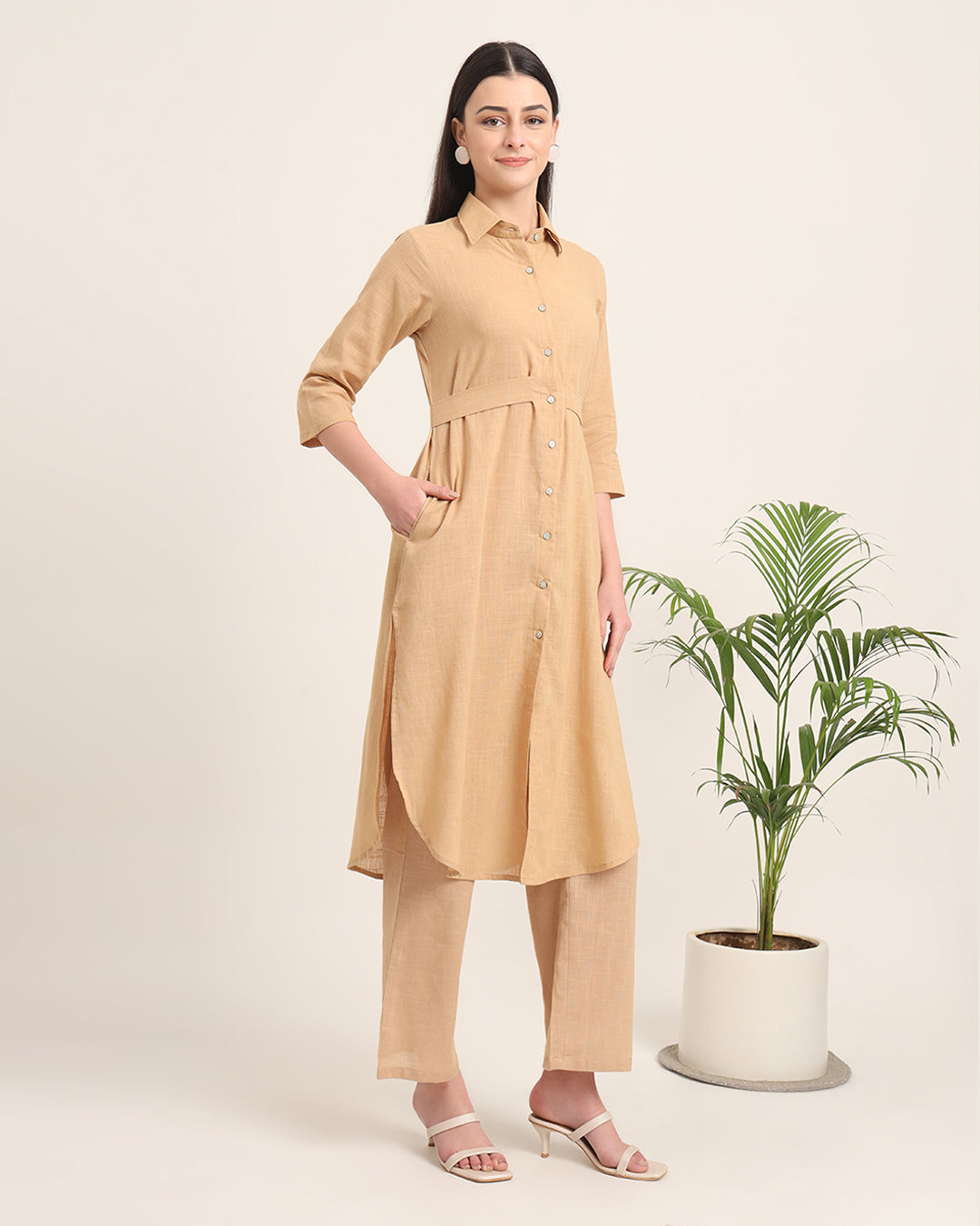 Beige Bellisimo Belted Solid Kurta (Without Bottoms)