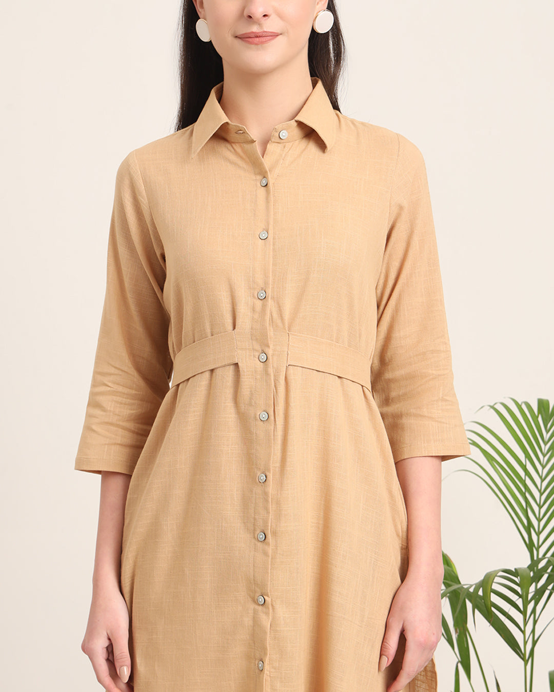 Beige Bellisimo Belted Solid Kurta (Without Bottoms)