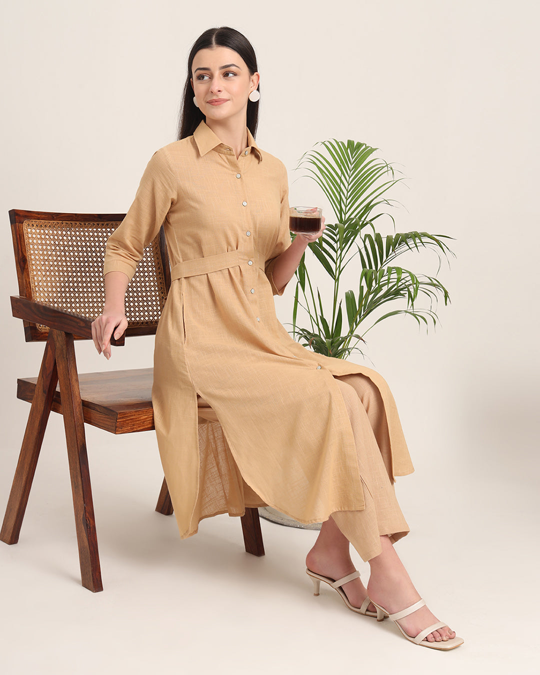 Beige Bellisimo Belted Solid Kurta (Without Bottoms)