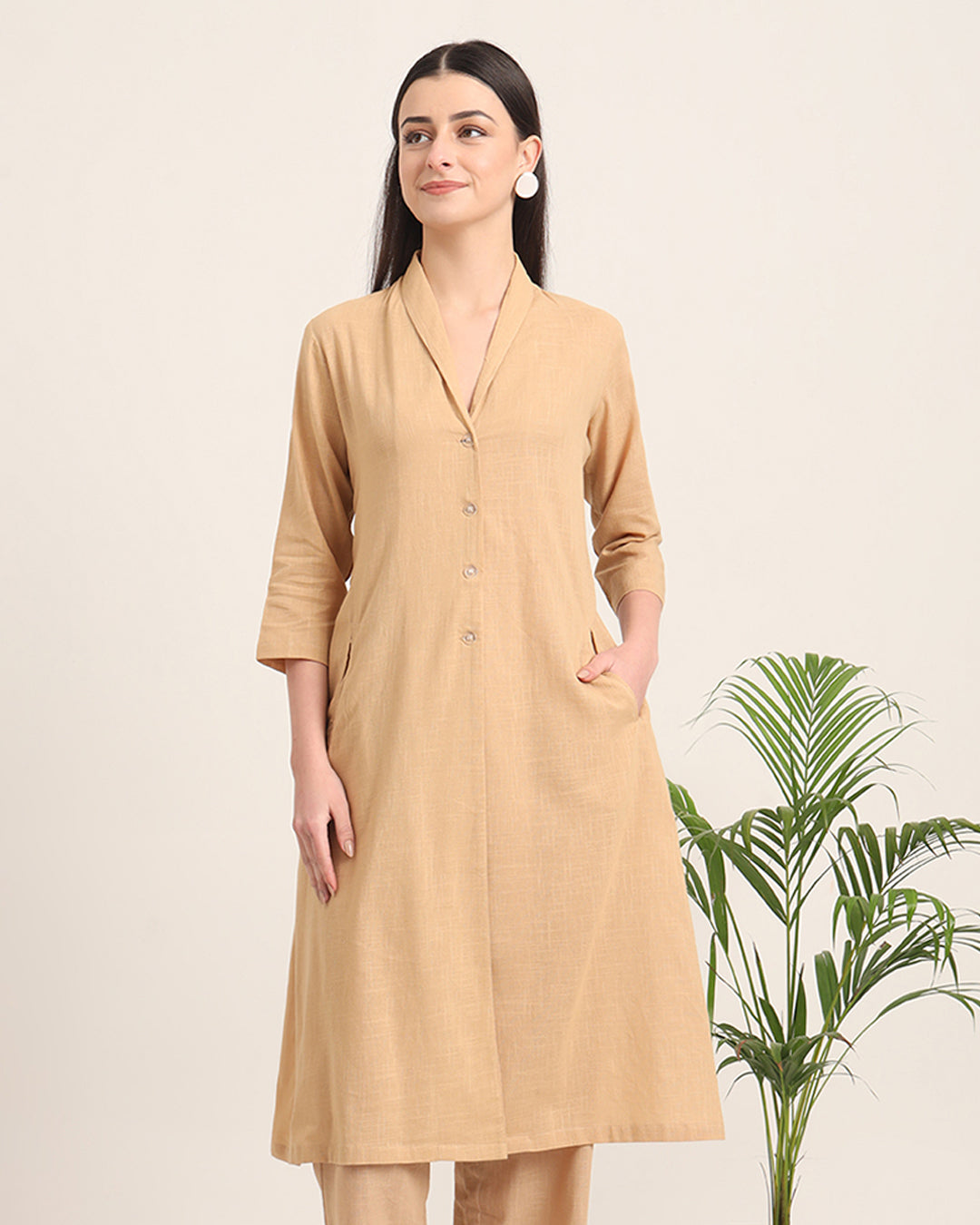 Beige Boho Harmony Flared Solid Solid Kurta (Without Bottoms)