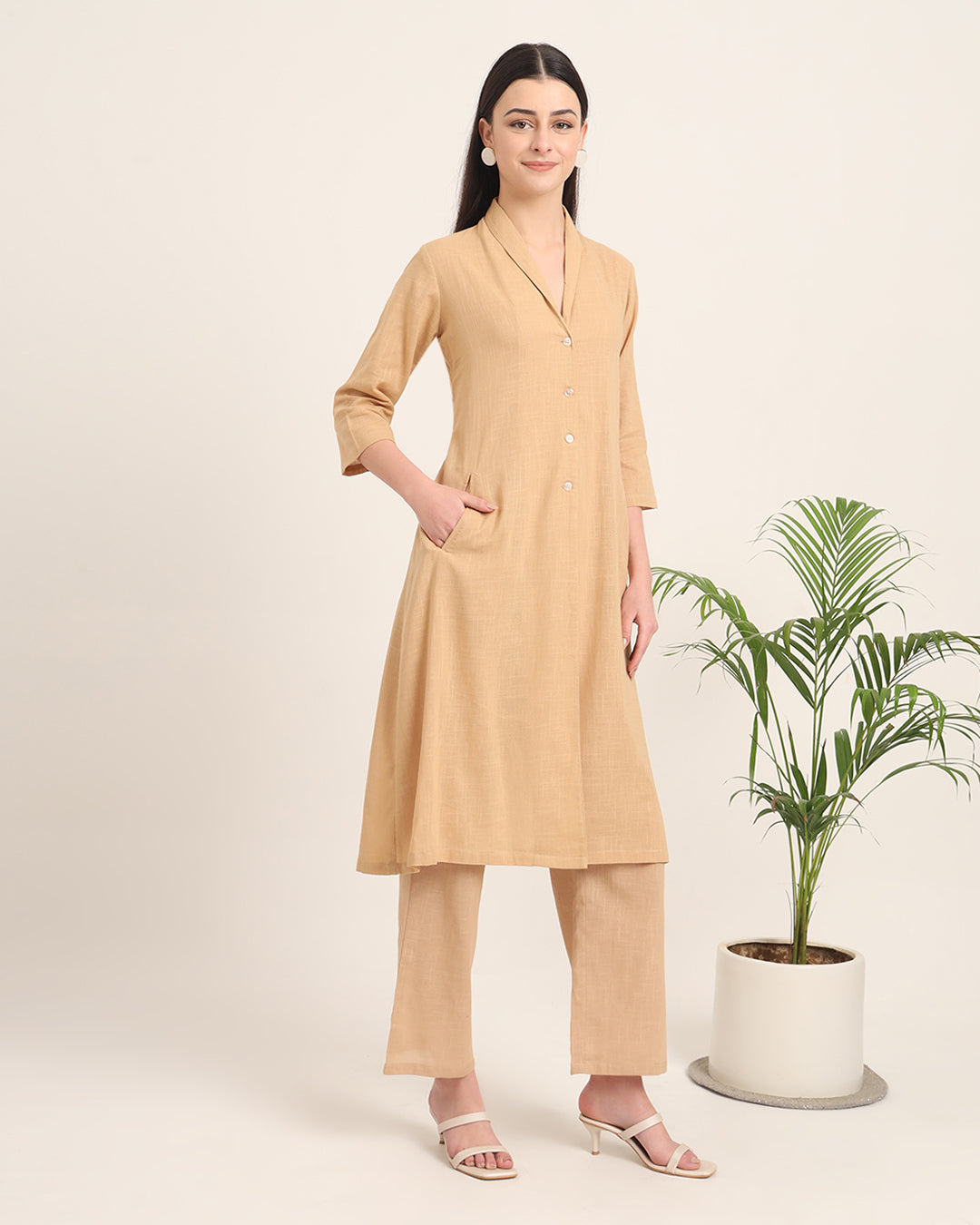 Beige Boho Harmony Flared Solid Solid Kurta (Without Bottoms)