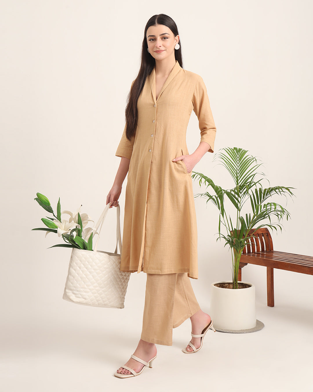 Beige Boho Harmony Flared Solid Solid Kurta (Without Bottoms)