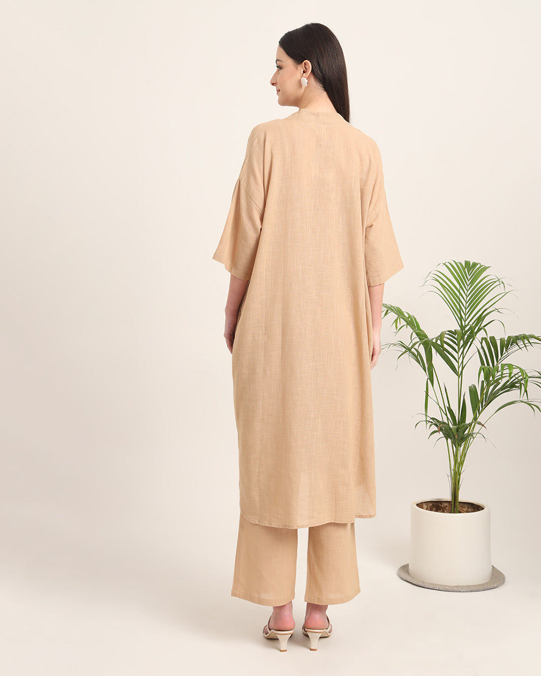 Beige Serene Sojourn V Neck Solid Kurta (Without Bottoms)