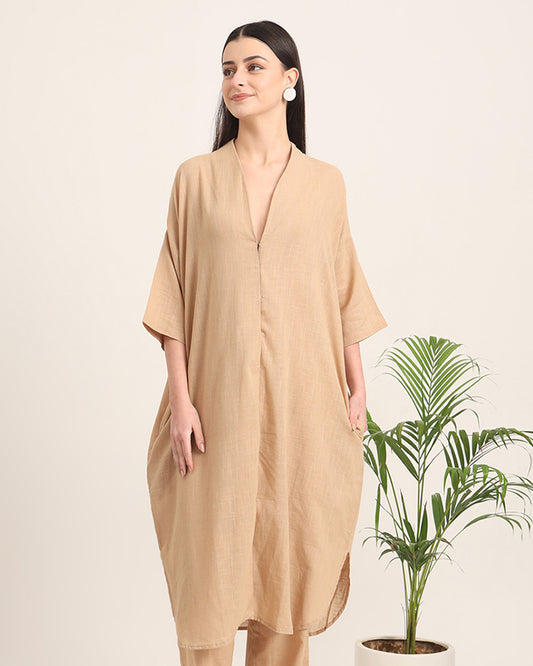 Beige Serene Sojourn V Neck Solid Kurta (Without Bottoms)