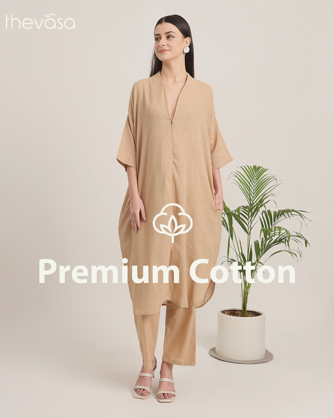 Beige Serene Sojourn V Neck Solid Kurta (Without Bottoms)