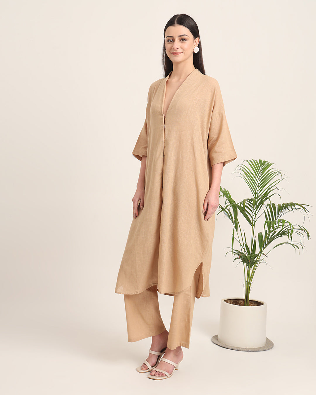 Beige Serene Sojourn V Neck Solid Co-ord Set