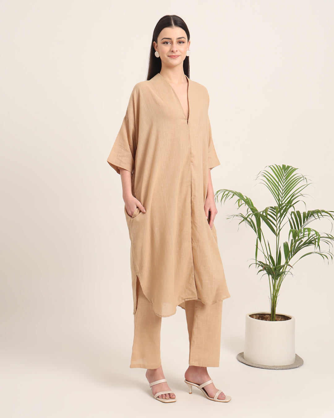 Beige Serene Sojourn V Neck Solid Co-ord Set