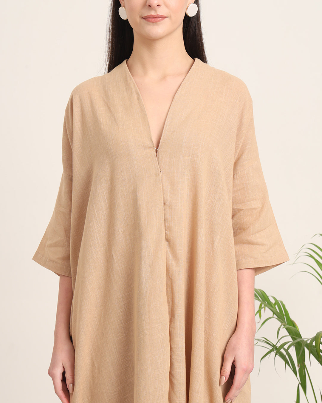 Beige Serene Sojourn V Neck Solid Kurta (Without Bottoms)