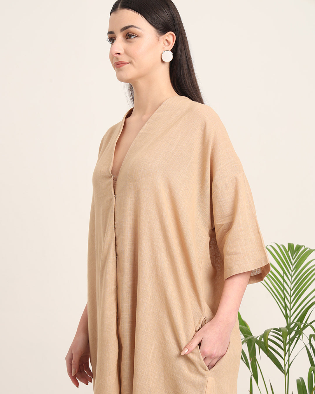 Beige Serene Sojourn V Neck Solid Kurta (Without Bottoms)