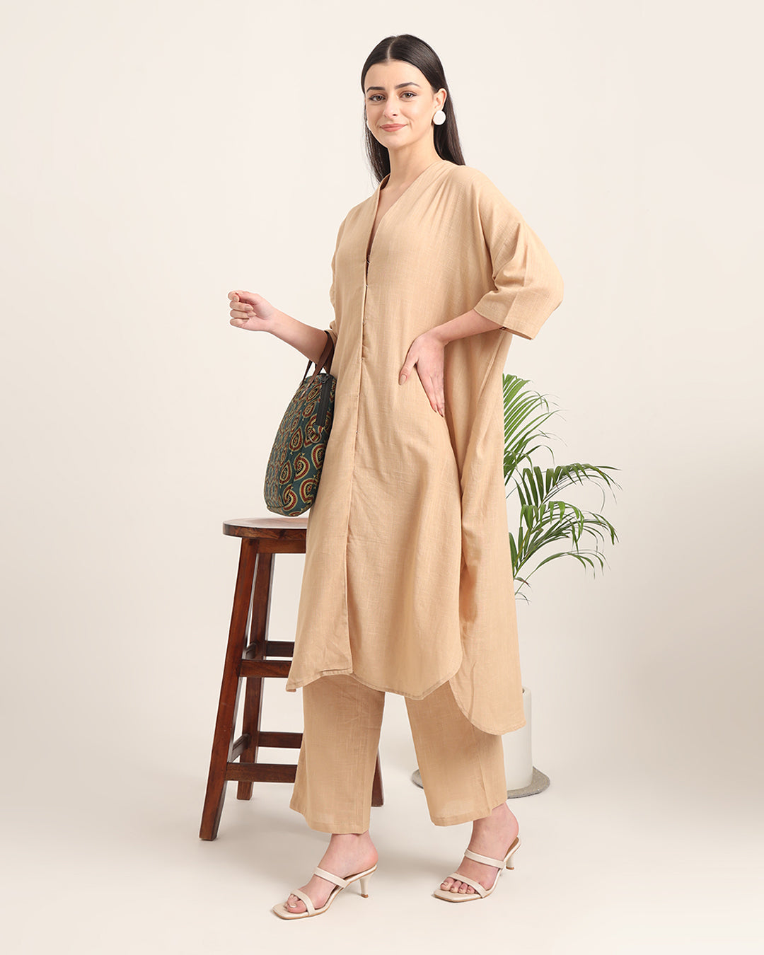 Beige Serene Sojourn V Neck Solid Co-ord Set