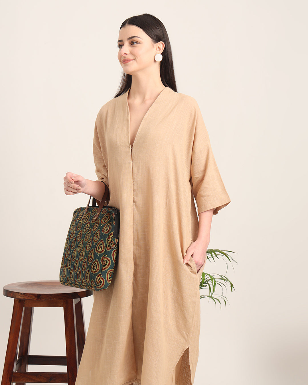 Beige Serene Sojourn V Neck Solid Kurta (Without Bottoms)