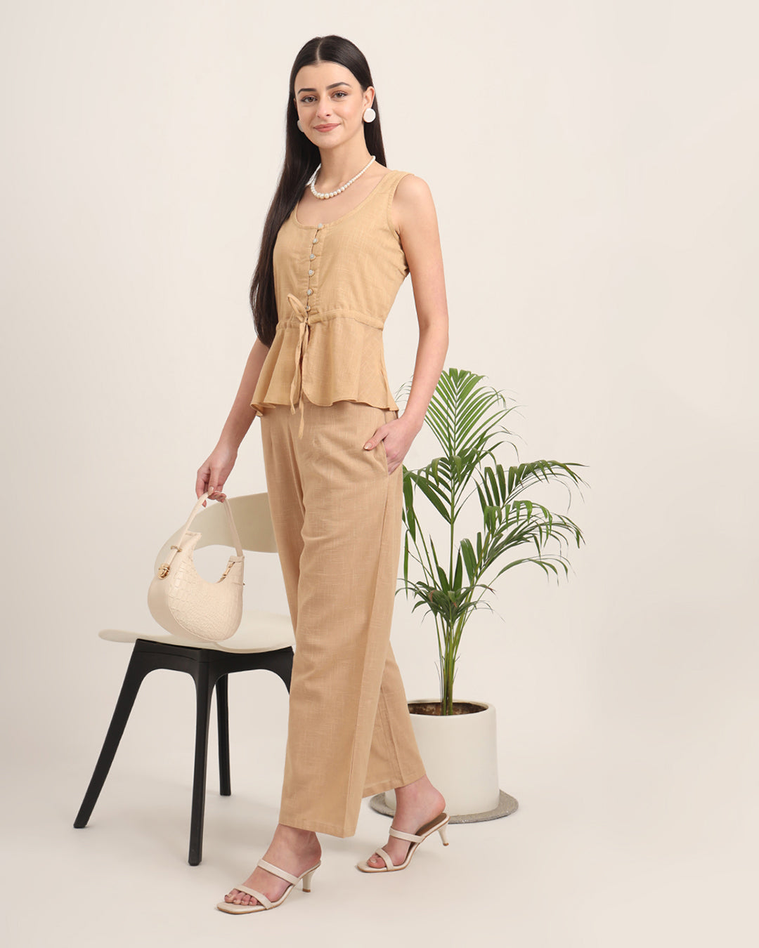 Beige Peplum Paradise Solid Co-ord Set