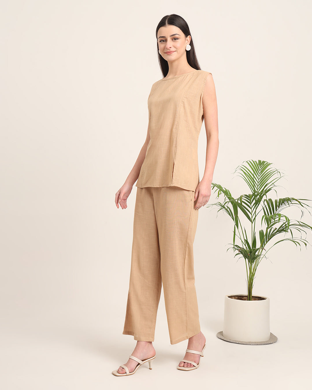 Beige Sleeveless Short Length Solid Co-ord Set