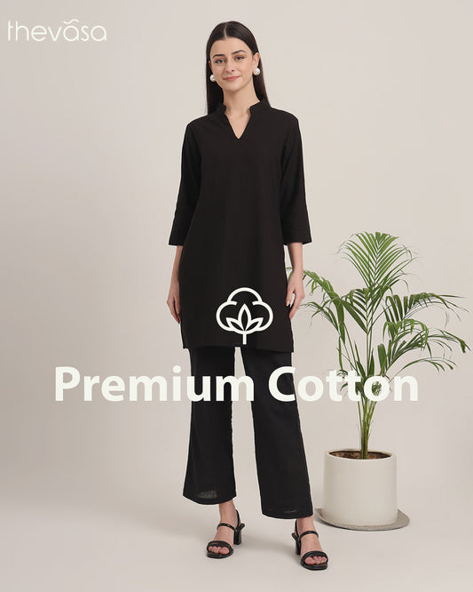 Black Collar Neck Mid Length Solid Co-ord Set